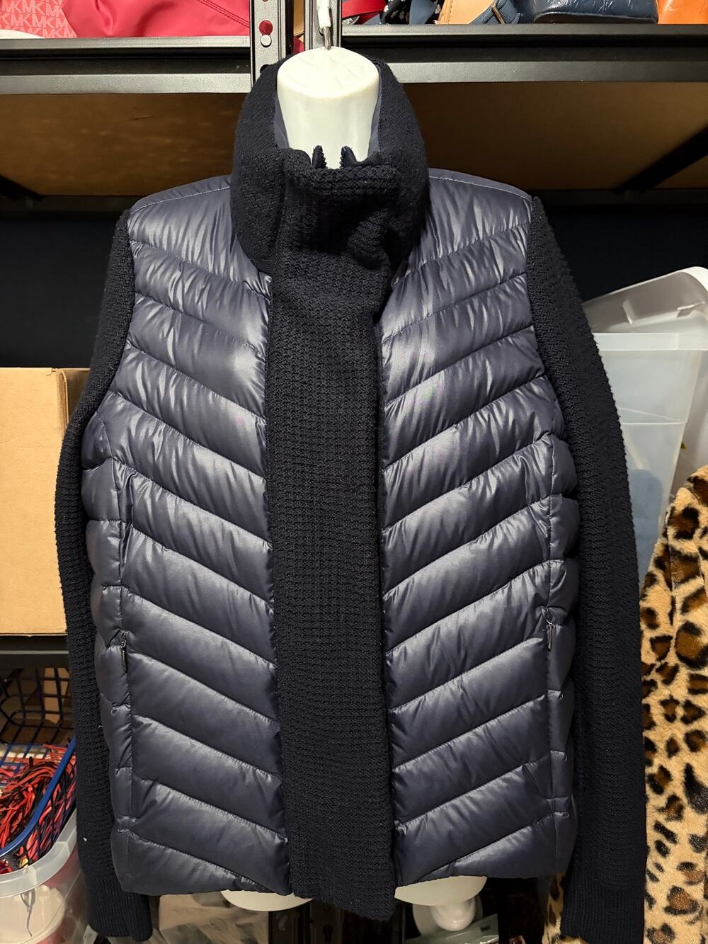 Athleta Responsible Down Sweater Mixed Media Wool Knit Sleeve Puffer Jacket L